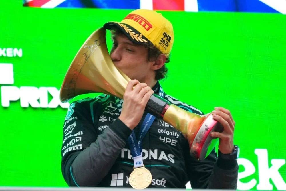 Kimi Antonelli celebrates his breakthrough moment after winning the Chinese Grand Prix, becoming one of the youngest race winners in Formula 1 history.