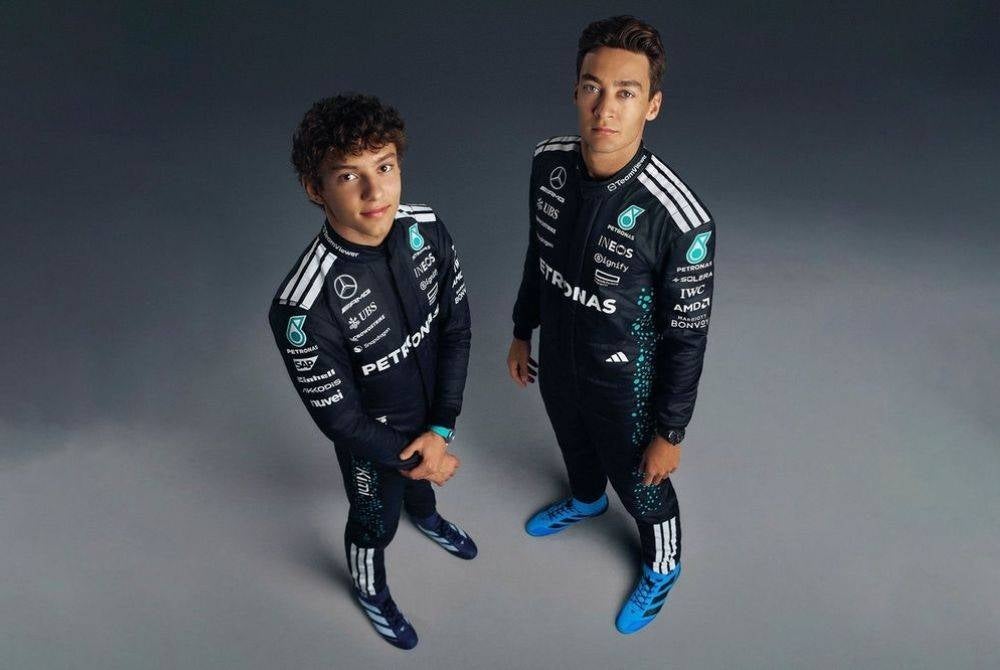 Kimi Antonelli (left) and teammate George Russell form Mercedes’ new driver line-up for the Formula 1 season.