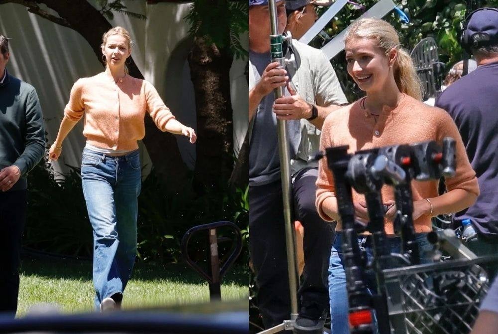 Dressed in an orange jumper and jeans, the 22-year-old bore a striking resemblance to her famous mum, Gwyneth Paltrow, as she stepped in front of the camera.