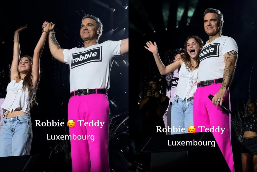 The British singer, 52, was performing his 1997 hit Angels at the Luxexpo Open-Air when he welcomed his eldest daughter, whose full name is Theodora, on stage.
