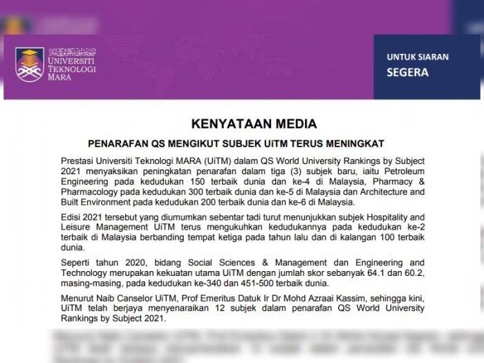 Penarafan QS mengikut subjek, UiTM terus meningkat, terbaik di Malaysia dan dunia