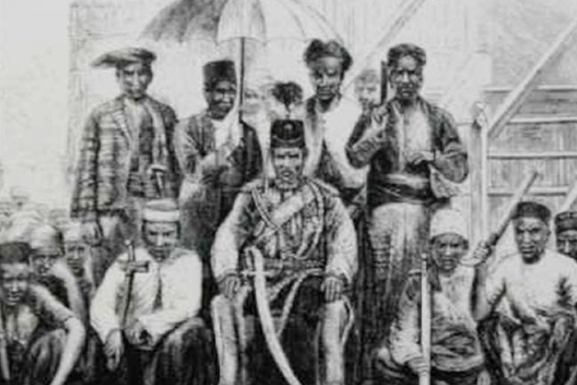 Sultan Abdullah (tengah) bersama Datuk Maharaja Lela (berdiri dari kiri) serta pembesar Perak.