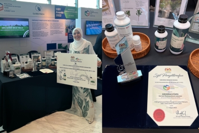 Suraya di samping produk Harvast Photosynthesis Enhancer yang merangkul Anugerah Inovator Baharu sekali gus membawa pulang hadiah bernilai RM130,000. 