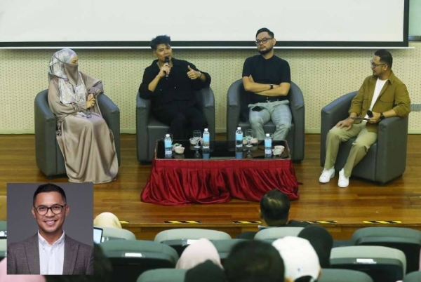 Dari kiri: Neelofa, Awal Ashaari dan Raqim selaku panel dalam Program Bual Bicara Komunikasi Krisis bertajuk Menangani Krisis Membina Reputasi di UKM baru-baru ini. Gambar kecil: Sudirman.