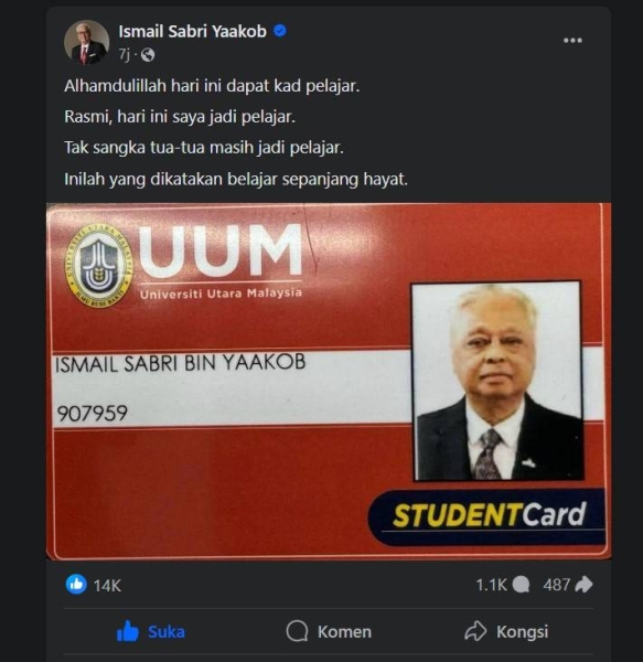 Kad pelajar yang dikongsi Ismail Sabri di laman Facebook rasmi beliau.
