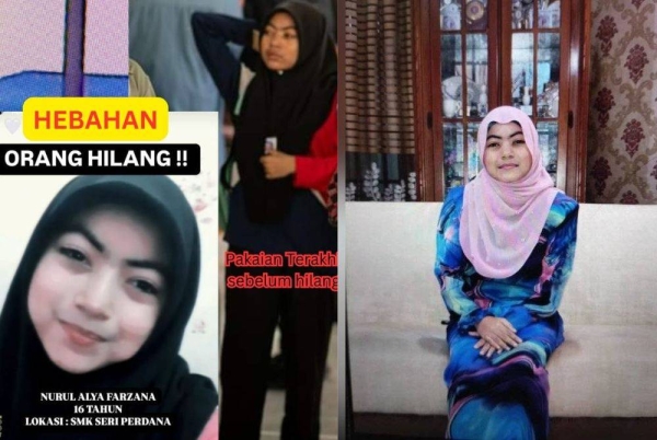 Nurul Alya Farzana dilaporkan hilang di hadapan SMK Seri Perdana sejak Ahad lalu. 