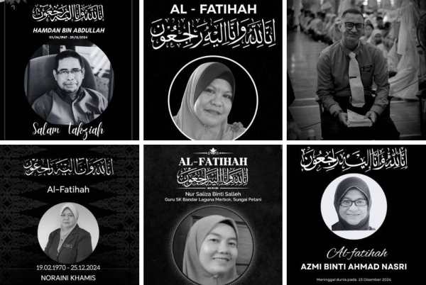 Guru-guru kesayangan ramai yang 'pergi' meninggalkan kita, dari atas (kiri), Cikgu Hamdan, Cikgu Jamilah dan Mohd Faiz manakala dari bawah (kiri), Cikgu Noraini, Cikgu Nur Saliza dan Cikgu Azmi.