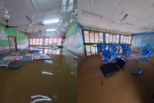 Keadaan bilik darjah SK Pintas, Beaufort dinaiki air.