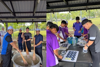 Pelajar dan guru-guru SAM Bestari bergotong-royong menyediakan bubur lambuk.