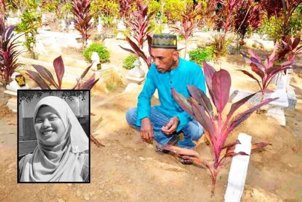 Fadli membaca doa di kubur arwah anaknya di Tanah Perkuburan Islam Kampung Kerandang yang maut dalam tragedi dekat Tasik Banding. Foto Bernama Gambar kecil: Fatin Nasrien 