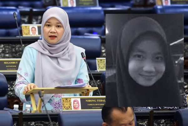 Fadhlina bercakap pada Mesyuarat Kedua, Penggal Keempat Parlimen ke-15 Persidangan Dewan Rakyat di Bangunan Parlimen. Gambar kanan: Allahyarham Zara Qairina.