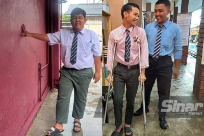 Mohamad Farid Haikal (kiri) dengan kaki berbalut manakala Mohd Izham Ruzaimi (tengah) yang bertongkat hadir bagi menduduki SPM pada Selasa. 