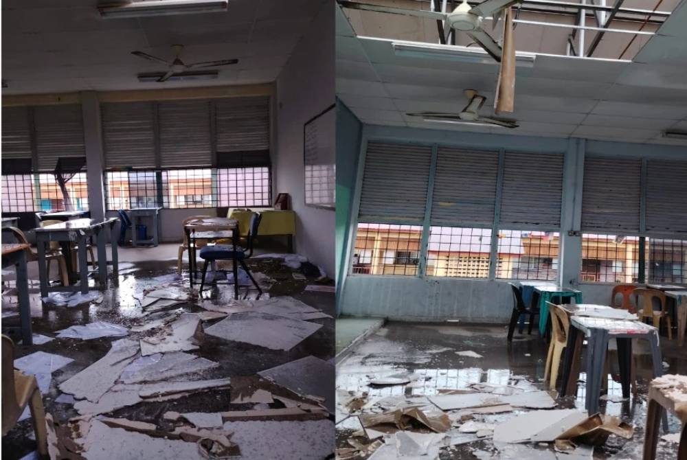 Gambar tular keadaan kelas SMK Tinggi Port Dickson yang mengalami kerosakan susulan Ribut Tropika Senyar