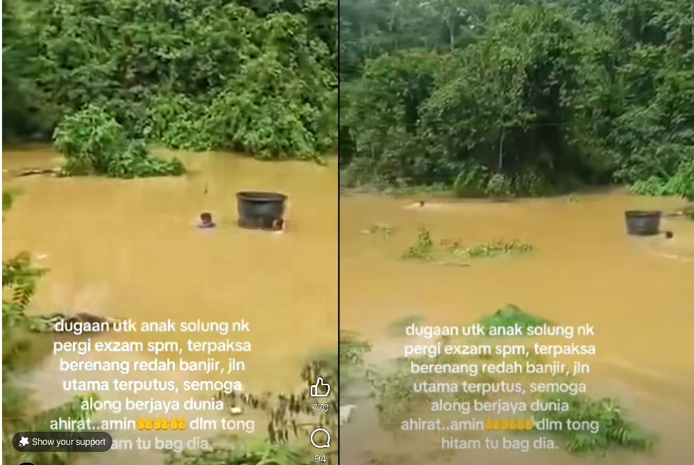 Tangkap layar video tular calon SPM berenang meredah banjir pada Isnin.
