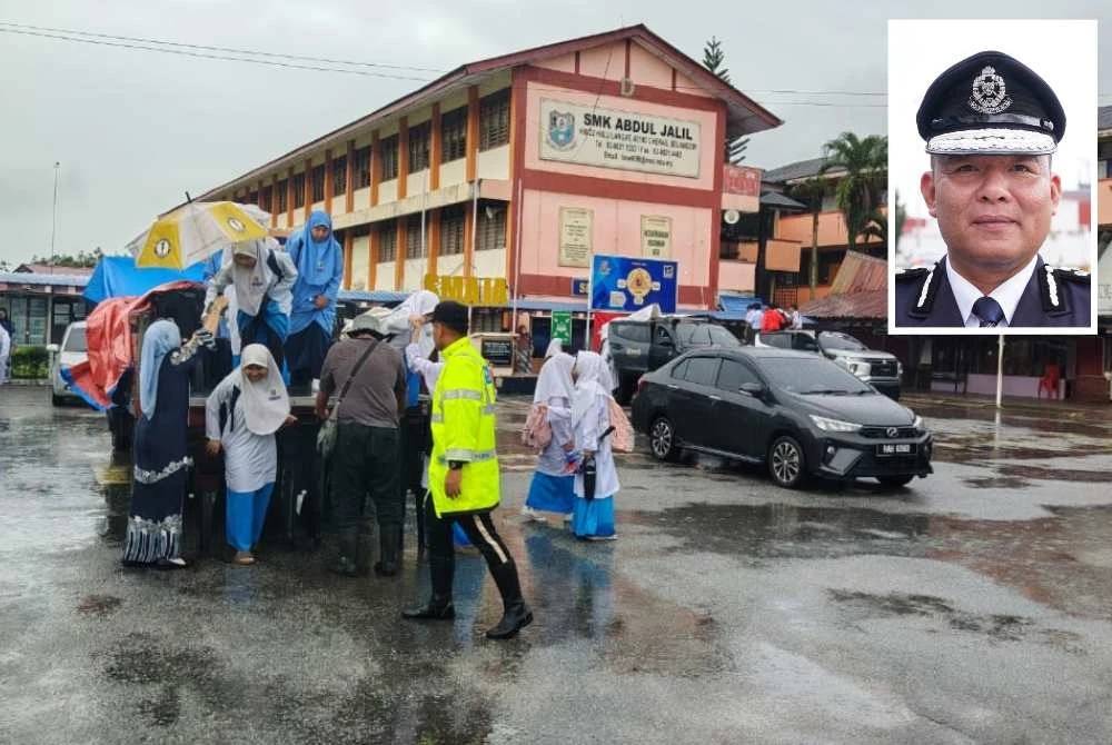 Calon SPM yang terjejas akibat banjir turun dari lori selaps selamat sampai ke sekolah. Gambar kecil: Naazron