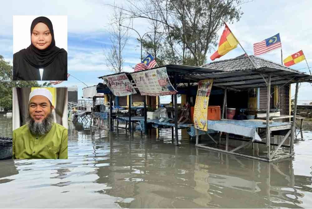 Kejadian ini bukan sahaja menjejaskan keselamatan penduduk, malah memberi kesan besar terhadap ekonomi tempatan. Apabila banjir melanda, banyak aktiviti harian tidak dapat dijalankan seperti biasa. Gambar kecil: Nur Auni Yusra dan Dr Jaharudin 