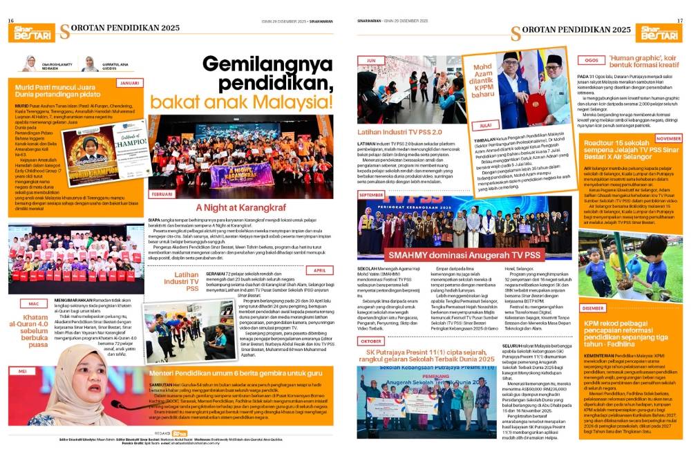 Sorotan Pendidikan 2025 disiarkan dalam sisipan Sinar Bestari pada Isnin.
