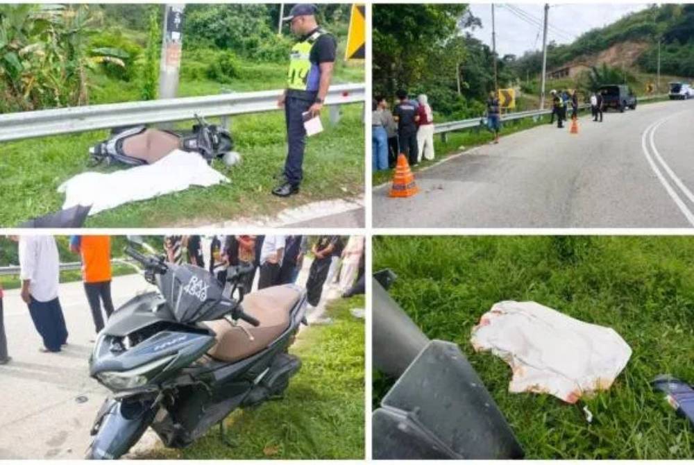 Dua pelajar UiTM Kampus Rembau maut selepas motosikal dinaiki mereka dipercayai terbabas sendiri di Kilometer 1 Jalan Chengkau - Panchang - Lubok Cina pada petang Ahad. - Gambar IPD Rembau