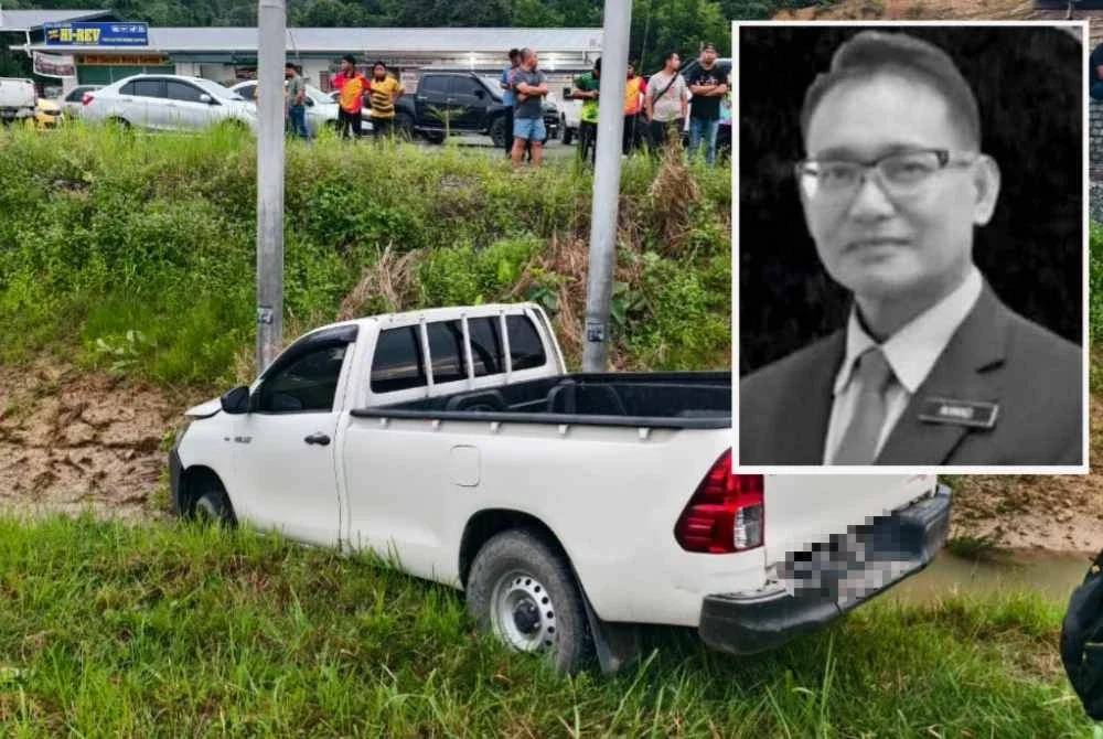 Seorang pengetua maut selepas pacuan empat roda yang dipandunya terbabas dan merempuh tiang elektrik di Kudat. Gambar kecil: Mangsa, Ahmad Mehdunah