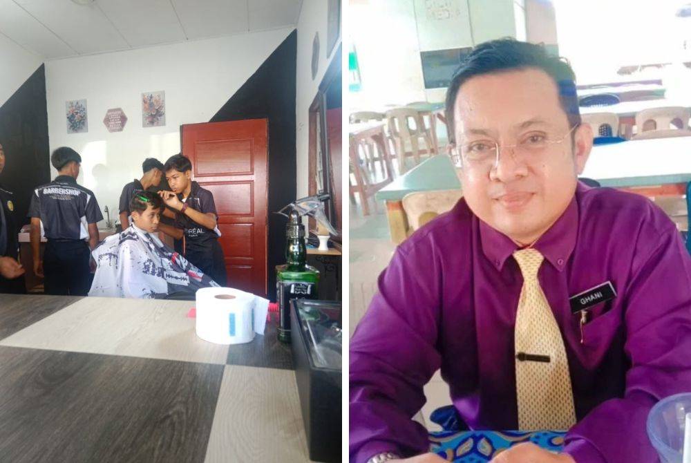 Cikgu Dr Abdul Ghani (kanan) memainkan peranan penting dalam memastikan pengurusan kedai gunting rambut berkenaan berjalan secara teratur, selamat dan memberi manfaat kepada warga sekolah.