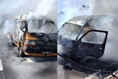 Sebuah van sekolah musnah 80 peratus dalam kejadian pada petang Selasa. 