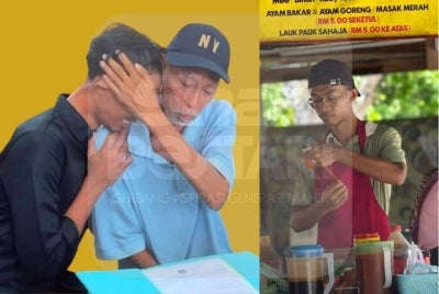 MOMEN INDAH... Fakhrul Iman gagal menyembunyikan terharu bersama ayahnya sewaktu mengambil keputusan SPM 2025. (Gambar kanan) Fakhrul Iman membantu ibu bapa berniaga di Port Dickson.