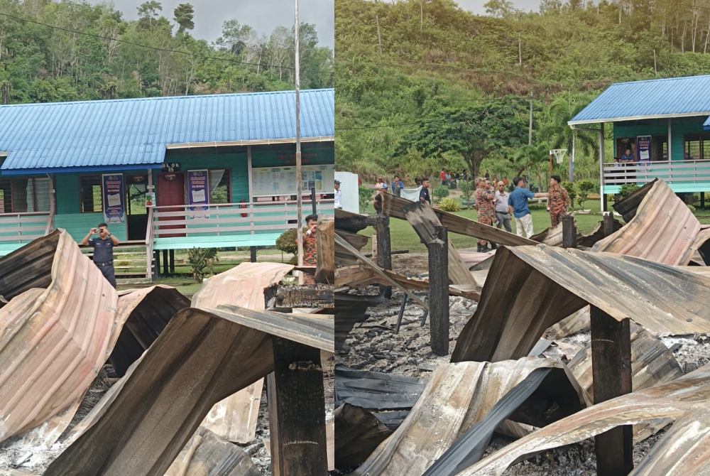 Keadaan bangunan yang musnah dalam kebakaran di SK Binanon, Sook.