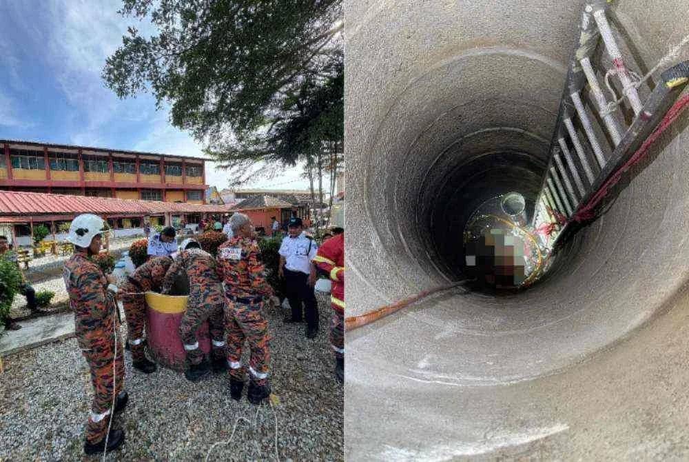 Seorang calon SPM berdepan detik cemas apabila terjatuh ke dalam sebuah perigi sedalam kira-kira 5.4 meter ketika menunggu untuk menduduki peperiksaan di SMKA Falahiah pada Ahad. - Foto: Bomba 