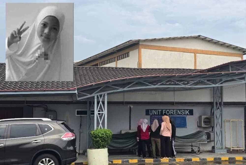 Suasana hiba menyelubungi sekitar pekarangan unit forensik Hospital Kajang pada Ahad. Gambar kecil: Nur Qaseh Deandra 