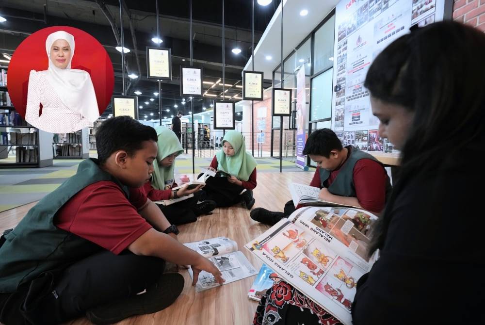 Murid dan guru bersama-sama meluangkan masa membaca buku di Perpustakaan Kuala Lumpur, semasa sambutan Hari Buku Sedunia 2026 baru-baru ini. Gambar kecil: Adibah