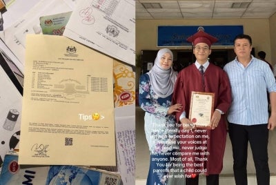 Syazlan Putra bersama ibu bapanya yang sentiasa menjadi tulang belakang, memberi sokongan dan dorongan sepanjang perjalanan menghadapi SPM. Foto: TikTok alan 