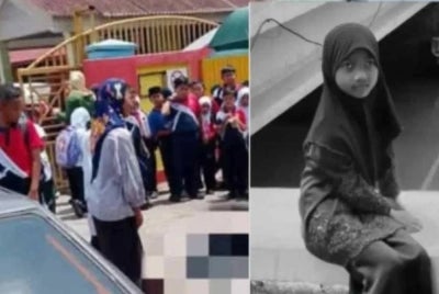 Nur Aini Umairah (kanan) maut selepas dilanggar sebuah van di hadapan SK Seri Maimon. - Gambar fail