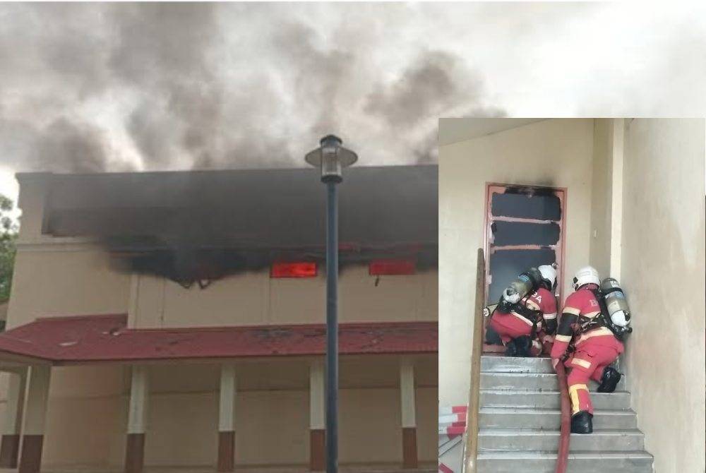Bahagian belakang pentas dewan SMK Putrajaya Presint 14 (1) terbakar dalam kejadian jam 6 petang, Khamis. Gambar kecil: Pasukan bomba dan penyelamat berusaha memadamkan kebakaran.
