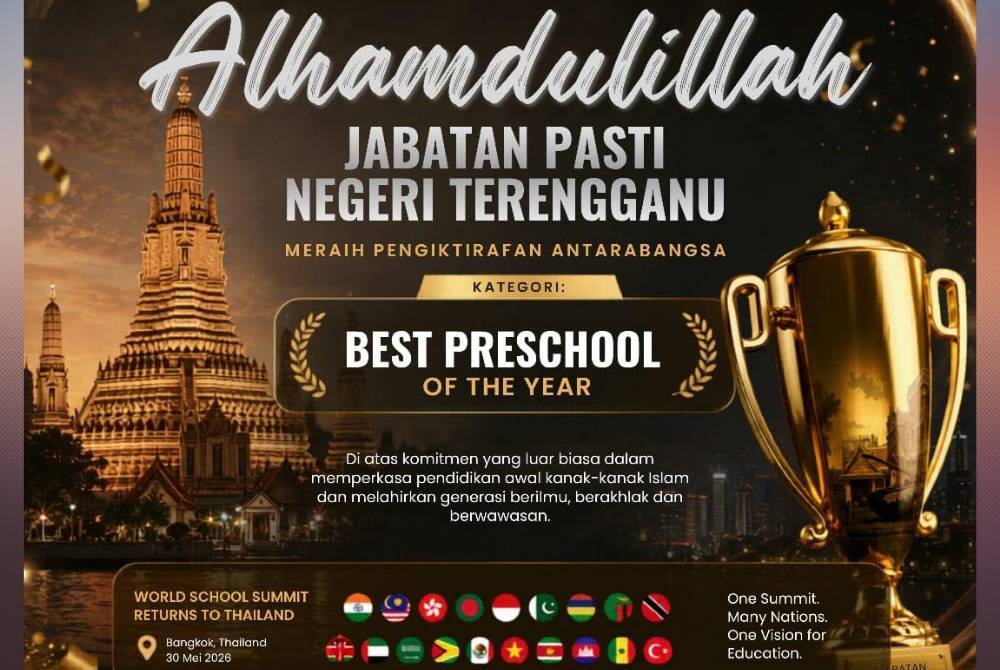 Jabatan Pasti Terengganu melakar sejarah apabila menerima pengiktirafan antarabangsa sebagai Best Preschool of the Year sempena World School Summit 2026 di Bangkok, Thailand baru-baru ini. Foto: Facebook Jabatan Pasti Terengganu