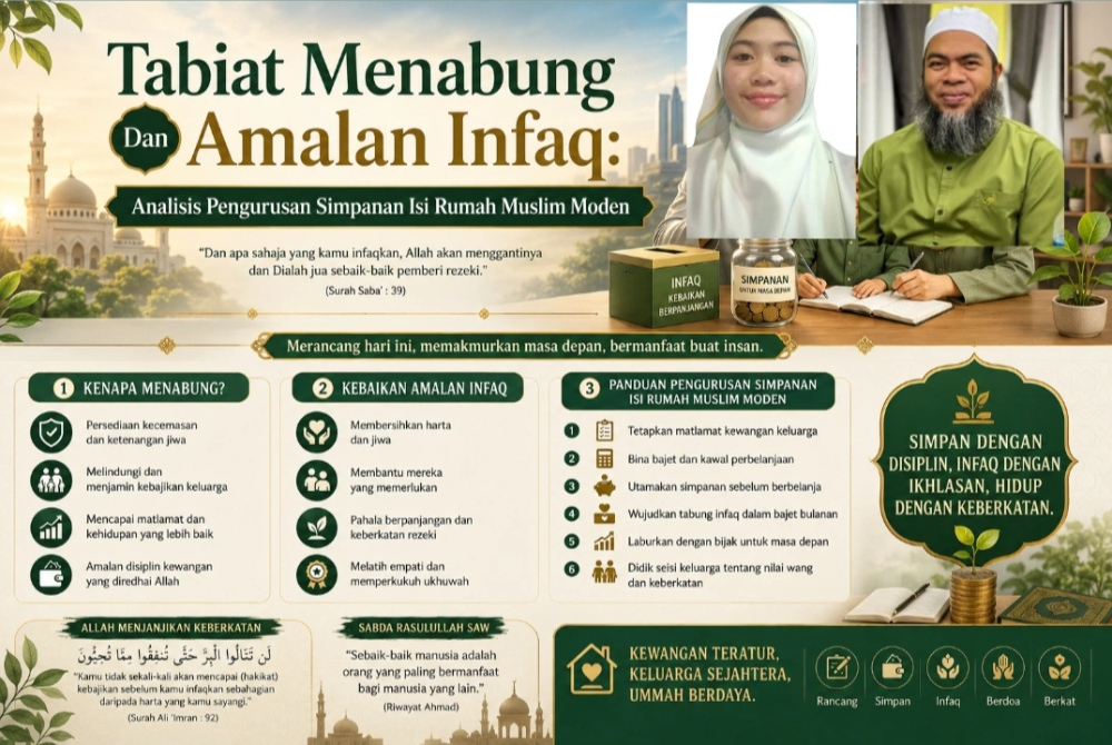 Aktiviti tabungan simpanan berfungsi dengan berkesan sebagai perisai pelindung yang menjaga kestabilan ekonomi domestik daripada sebarang bentuk kejutan luaran, manakala amalan infaq pula bertindak sebagai agen pembersihan jiwa dan harta sekali gus menjadi pemutar roda kebajikan sosial serta keadilan ekonomi dalam komuniti. Gambar kecil: Nur Farah Hayaati dan Dr Jaharudin