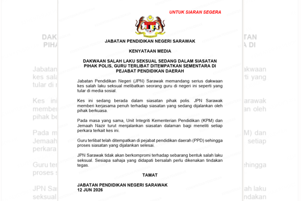 JPN Sarawak menempatkan guru yang terlibat kes salah laku seksual yang tular di media sosial di pejabat pendidikan daerah (PPD) sehingga proses siasatan dijalankan selesai