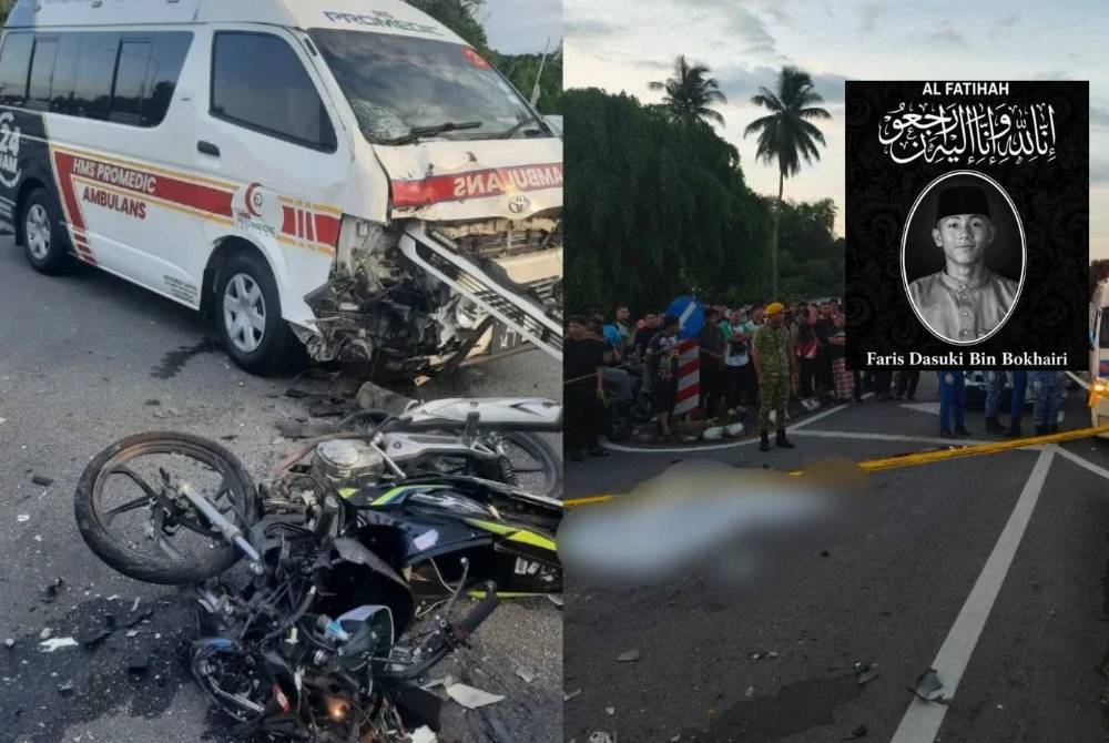 Keadaan motosikal dinaiki mangsa yang rosak teruk selepas bertembung dengan sebuah ambulans. Gambar kecil: Allahyarham Faris Dasuki