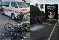 Keadaan motosikal dinaiki mangsa yang rosak teruk selepas bertembung dengan sebuah ambulans. Gambar kecil: Allahyarham Faris Dasuki