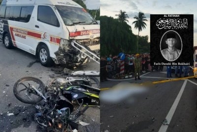 Keadaan motosikal dinaiki mangsa yang rosak teruk selepas bertembung dengan sebuah ambulans. Gambar kecil: Allahyarham Faris Dasuki