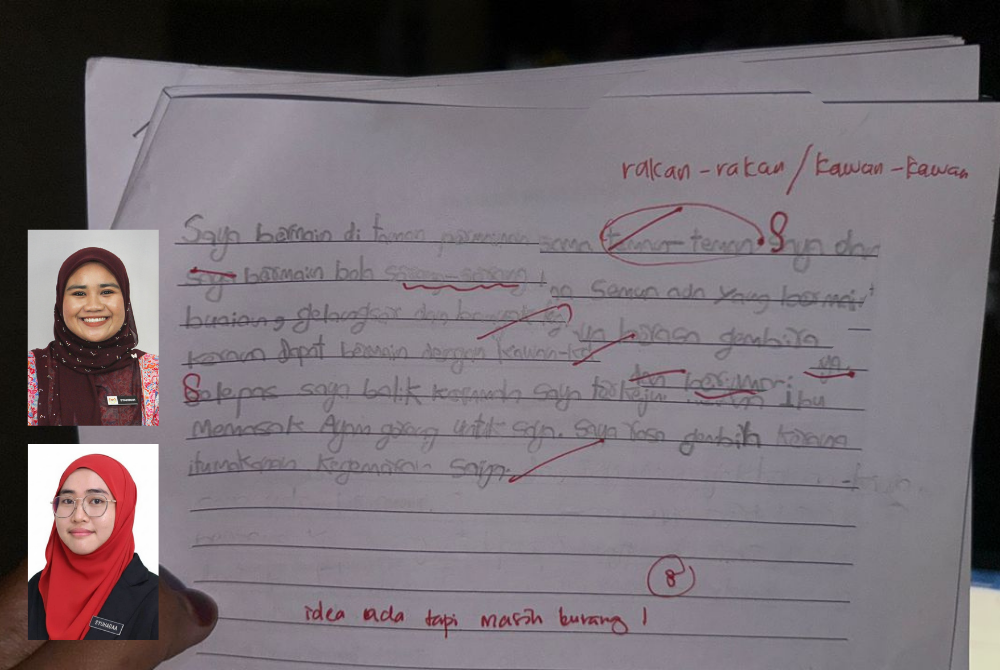 Antara penulisan karangan murid yang dikongsikan oleh Nor Syahirah (gambar kecil atas), Nur Syuhadaa (bawah) 