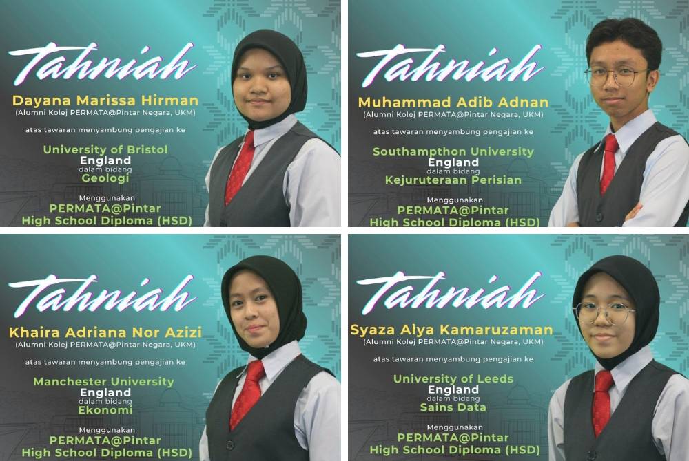 Dari kiri (atas) Dayana Marissa dan Muhammad Adib manakala dari kiri (bawah) Khaira Adriana dan Syaza Alya, antara alumni Kolej PERMATA@Pintar Negara yang mendapat tiga tawaran ke universiti terkemuka dunia.
