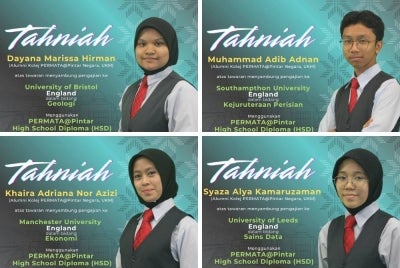 Dari kiri (atas) Dayana Marissa dan Muhammad Adib manakala dari kiri (bawah) Khaira Adriana dan Syaza Alya, antara alumni Kolej PERMATA@Pintar Negara yang mendapat tiga tawaran ke universiti terkemuka dunia. 