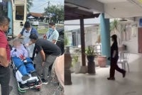 (Gambar kiri) Keadaan mangsa yang diberi rawatan awal sebelum dikejarkan ke hospital. (Gambar kanan) Suspek dilihat berlegar-legar di kawasan sekolah.