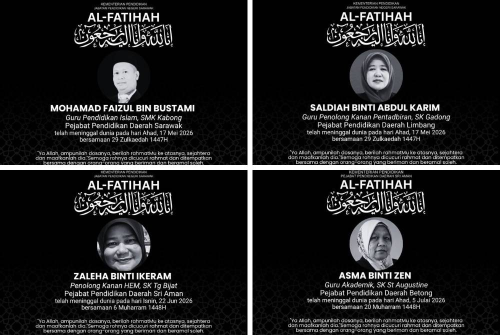Dari kiri (atas) Ustaz Mohamad Faizul dan Cikgu Saldiah manakala dari kiri (bawah) Cikgu Zaleha dan Cikgu Asma. Semoga mereka ditempatkan dalam kalangan insan yang beriman serta dikurniakan kedudukan yang mulia di sisiNya. 