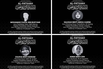 Dari kiri (atas) Ustaz Mohamad Faizul dan Cikgu Saldiah manakala dari kiri (bawah) Cikgu Zaleha dan Cikgu Asma. Semoga mereka ditempatkan dalam kalangan insan yang beriman serta dikurniakan kedudukan yang mulia di sisiNya. Foto: Facebook Jabatan Pendidikan Negeri Sarawak 