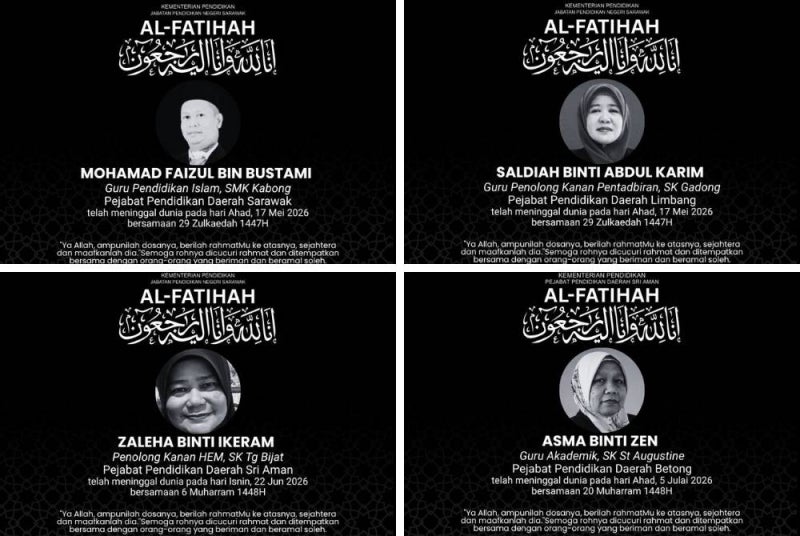Dari kiri (atas) Ustaz Mohamad Faizul dan Cikgu Saldiah manakala dari kiri (bawah) Cikgu Zaleha dan Cikgu Asma. Semoga mereka ditempatkan dalam kalangan insan yang beriman serta dikurniakan kedudukan yang mulia di sisiNya. Foto: Facebook Jabatan Pendidikan Negeri Sarawak 