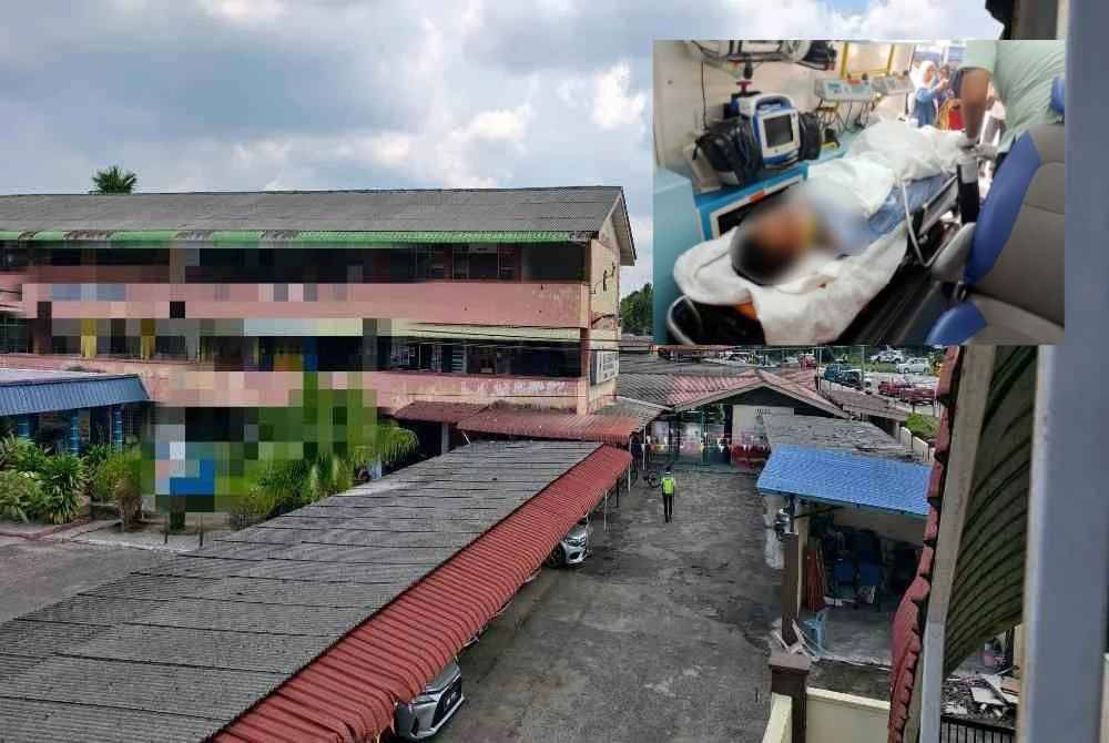 Keadaan murid (gambar kecil) yang dipercayai terjatuh ketika cuba menangkap burung di atas syiling bangunan sekolah itu.