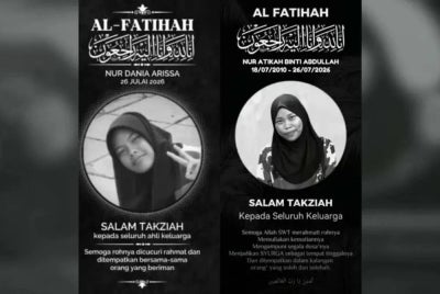 Dua remaja perempuan berusia 16 dan 17 tahun yang menaiki motosikal, disahkan meninggal dunia di tempat kejadian. - Foto Sinar Harian