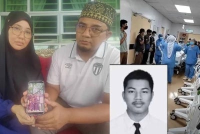 Mohd Zairee bersama Zaidah menunjukkan gambar kenangan keluarga. Gambar kanan: Kakitangan Hospital Selayang mengadakan Honor Walk kepada Allahyarham Nabil Izz Qaisar (Gambar kecil)