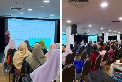 Dr Nor Hayati (kiri) ketika membentangkan Hala Tuju Pendidikan Negara dalam Rancangan Pendidikan Malaysia 2026-2035 kepada para peserta. 